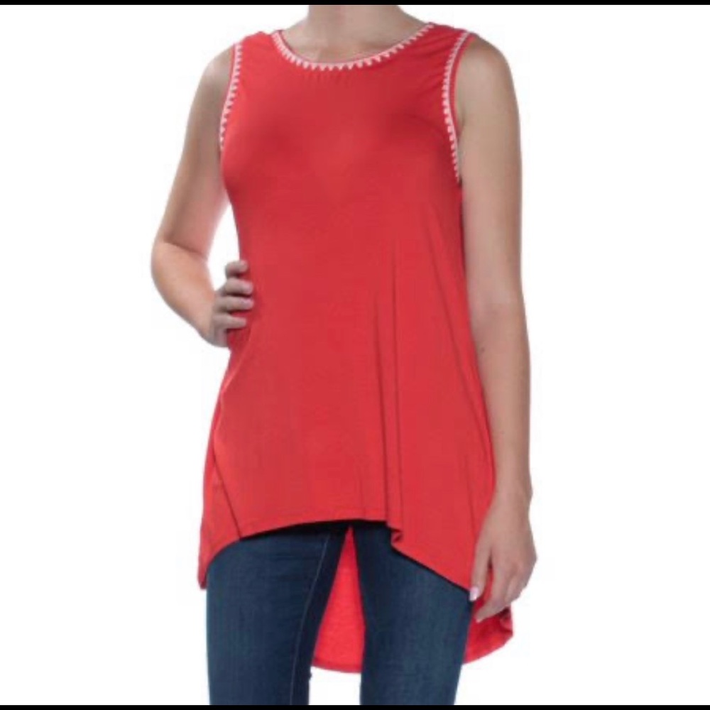Vince Camuto Havana Top Red Hi-Lo Sleeveless Jewel Neck Blouse NWT Small